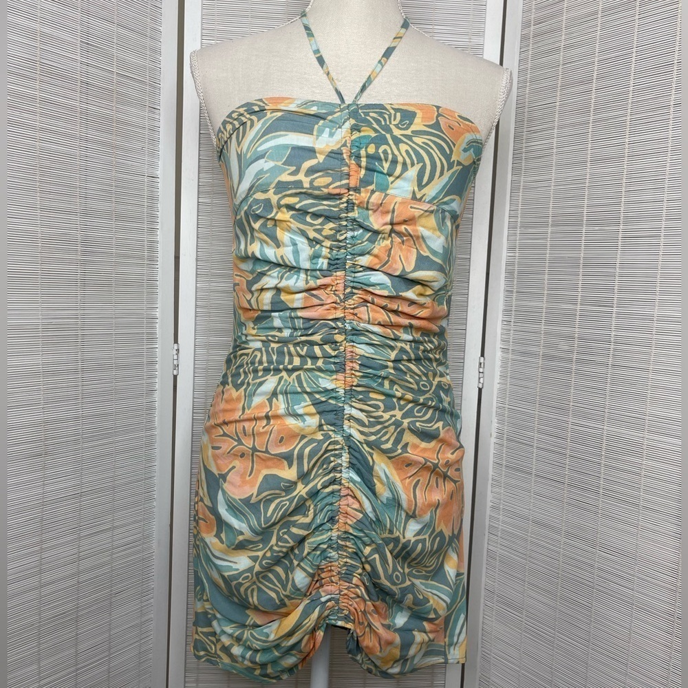 Jen’s Pirate Booty Ruched Tropical Halter Dress Multi Lined Size XS